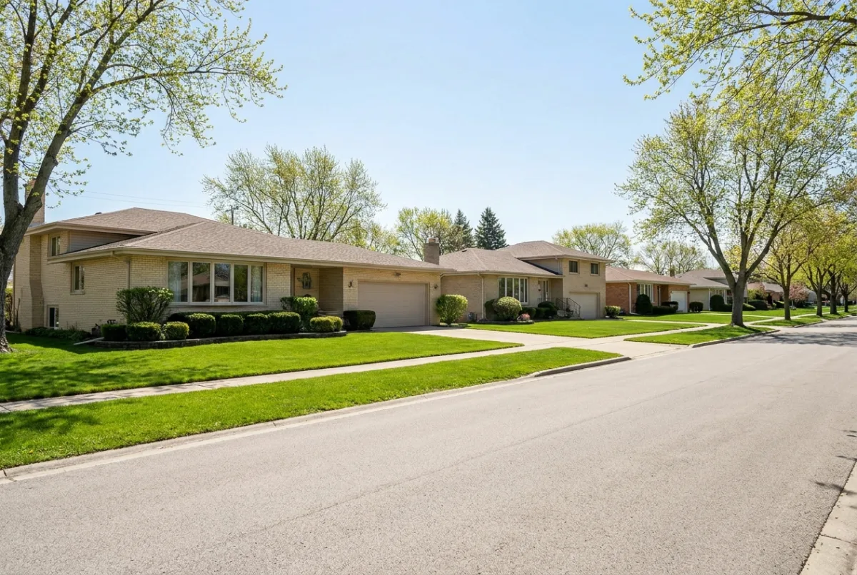 Illustrative image: Ranch and split-level homes on landscaped lots
