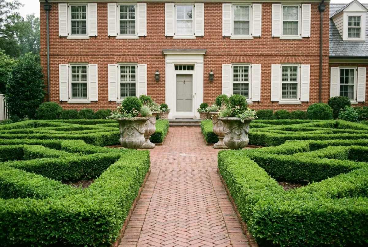 Illustrative image: Formal gardens in front of a traditional home