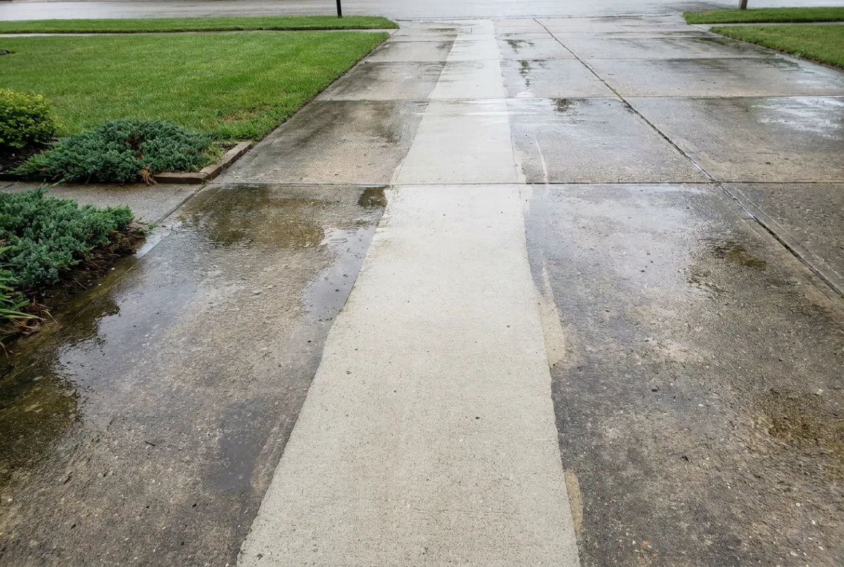 Illustrative image: Concrete driveway mid-clean, a bright cleaned strip beside the untreated surface
